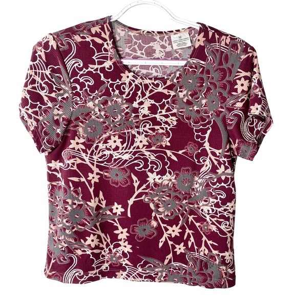 Burgundy Floral short Sleeve Light Breathable Top - Picture 1 of 8